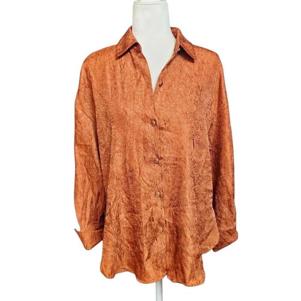 House of Harlow 1960 Blouse Womens Burnt Orange Crinkle Texture Oversized Tunic